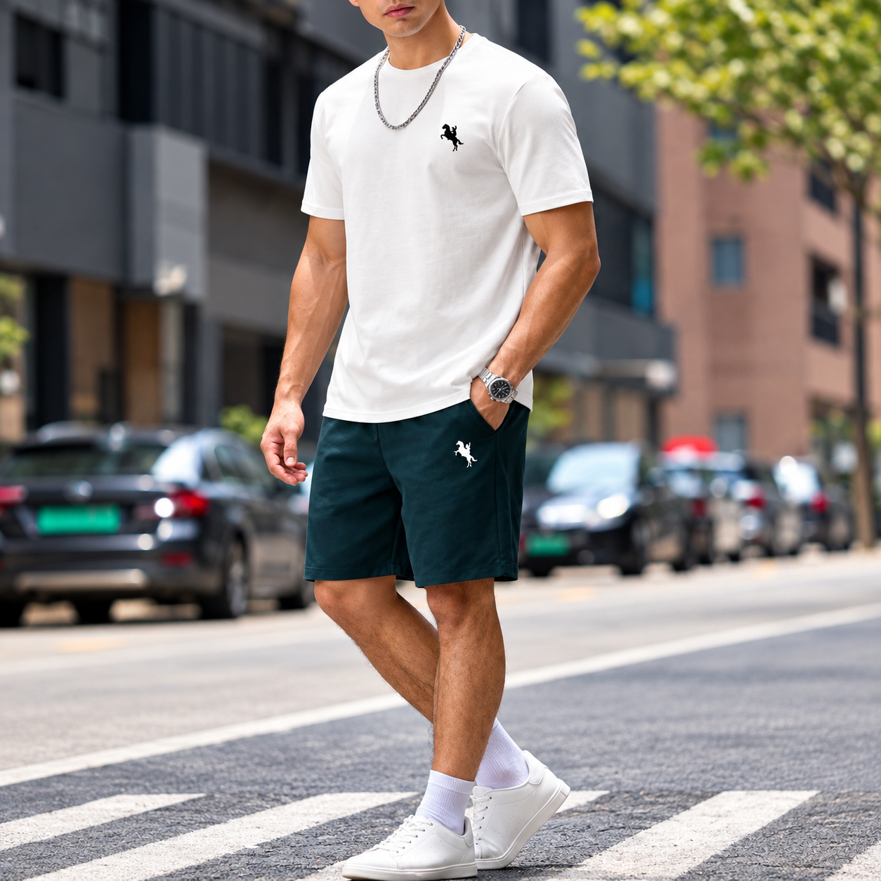 Premium White T-Shirt with Black Equestrian Logo & Dark Green Athletic Shorts Set