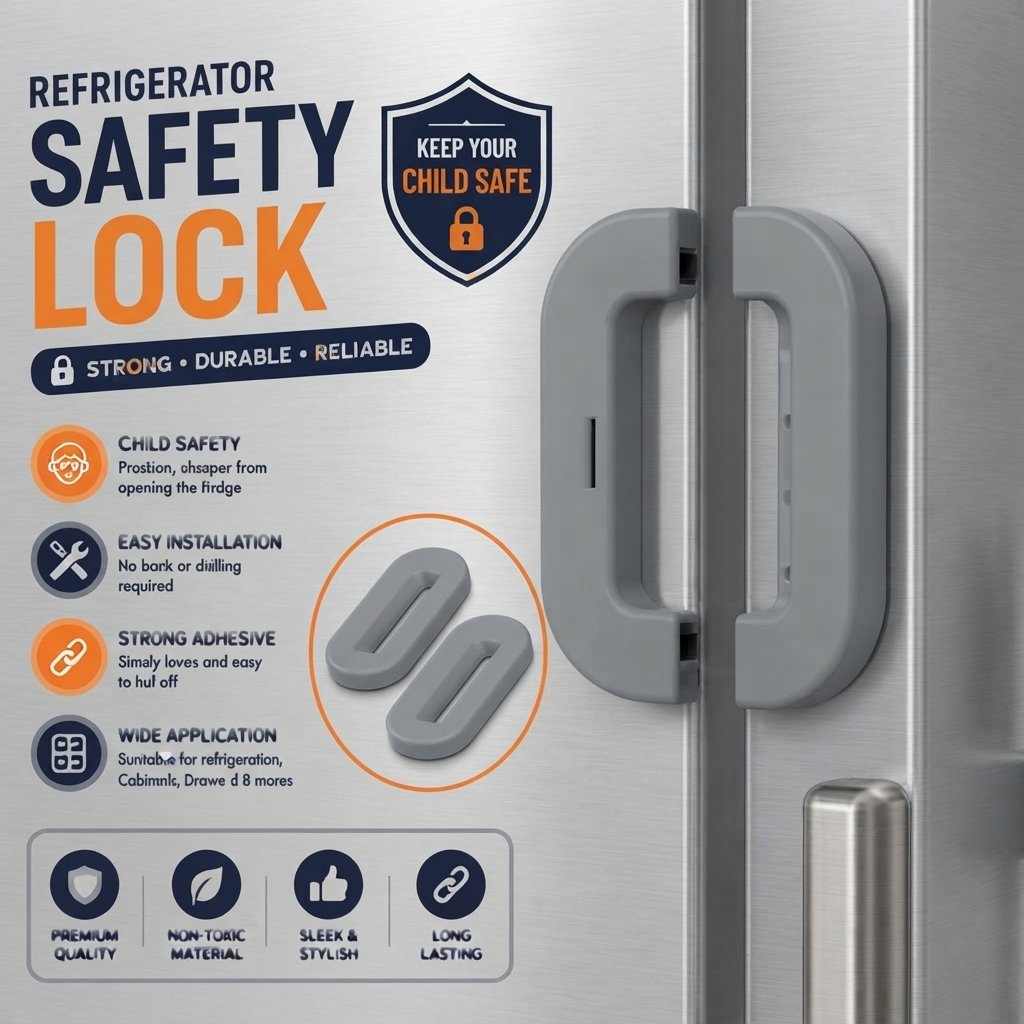 Refrigerator Safety Lock for Kids – Child Proof Fridge Door Lock with Strong Adhesive, No Drilling Baby Safety Lock